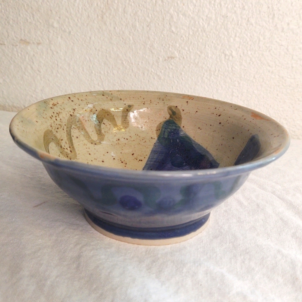 Pottery Bowl Artisan Made Blue Abstract Design Art